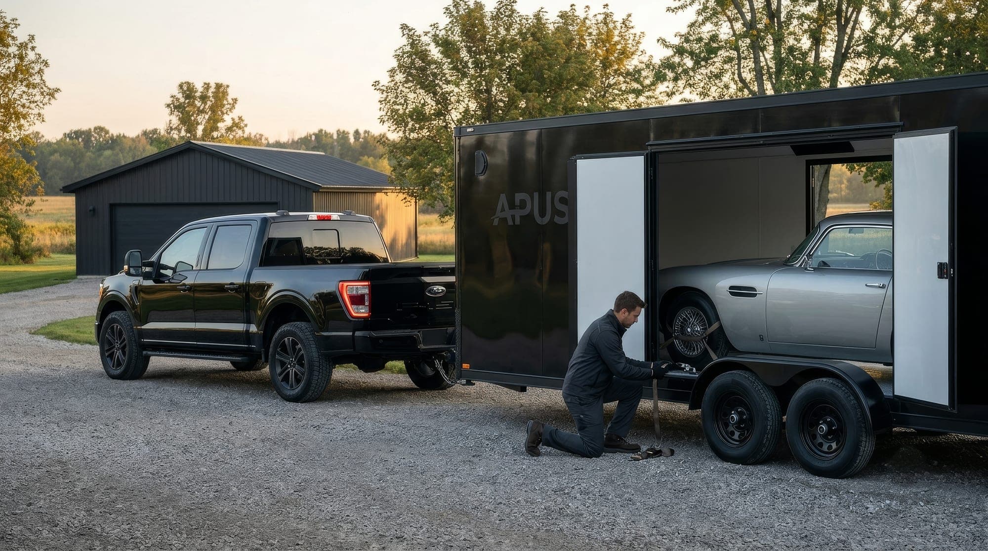 Enclosed automotive transport — vehicle loading into enclosed trailer