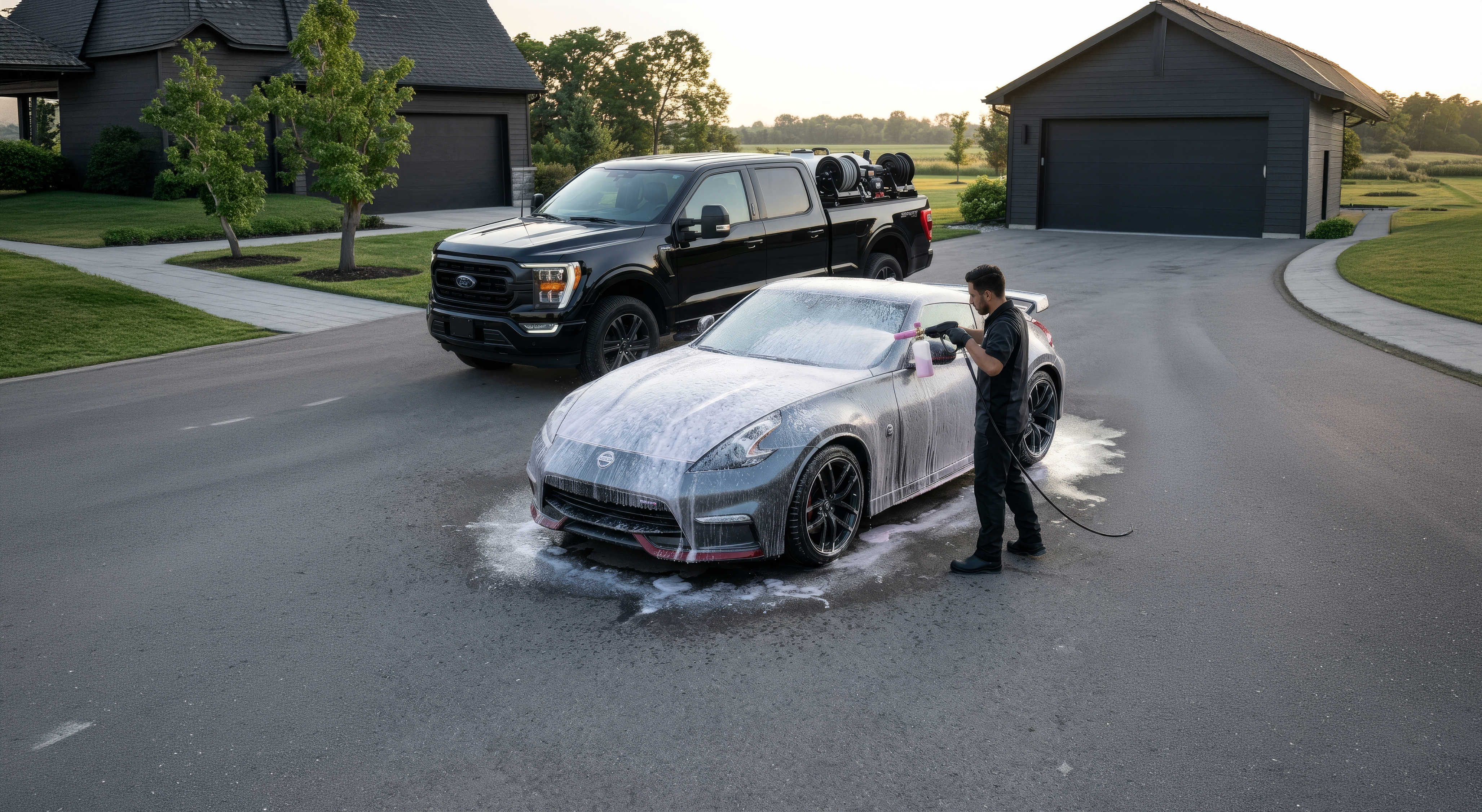 Apus Group mobile wash and detail unit soft-washing a vehicle in a driveway